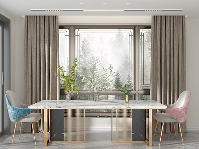 Elegant Dining Table Set with Marble Top Blue Pink Chairs by Window with Metal Frame 3d model