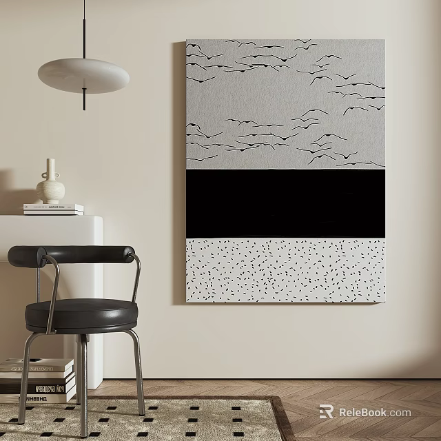 Modern Interior With Black Chair And Abstract Wall Art 3d model
