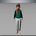 Barefoot Human Character In Green Sweater Red Scarf With Headphones And Gray Pants