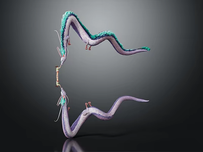 Two Headed Dragon Sculpture With Green Purple Curved Body On Dark Background 3d model