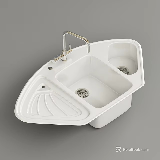 Practical White Double Bowl Ceramic Kitchen Sink With Faucet And Drainboard 3d model 
