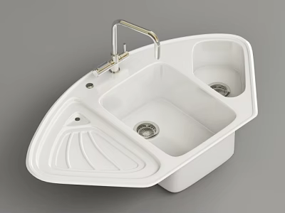 Practical White Double Bowl Ceramic Kitchen Sink With Faucet And Drainboard 3d model