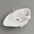 Practical White Double Bowl Ceramic Kitchen Sink With Faucet And Drainboard