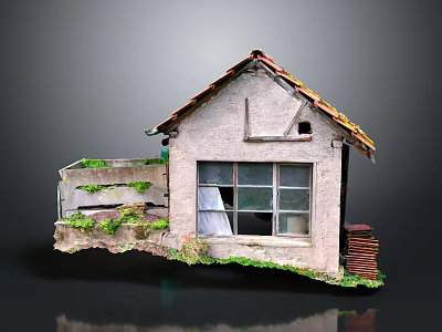 Cartoon Style Dilapidated Cottage With Red Tile Roof Broken Windows Weeds And Moss 3d model