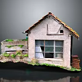 Cartoon Style Dilapidated Cottage With Red Tile Roof Broken Windows Weeds And Moss