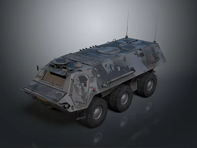 Camouflaged Six Wheeled Military Vehicle With Armored Design And Roof Antennas 3d model