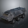 Camouflaged Six Wheeled Military Vehicle With Armored Design And Roof Antennas