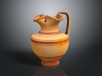 Traditional Ancient Earthenware Pottery Sculpture With Curved Spout And Decorative Stripes 3d model