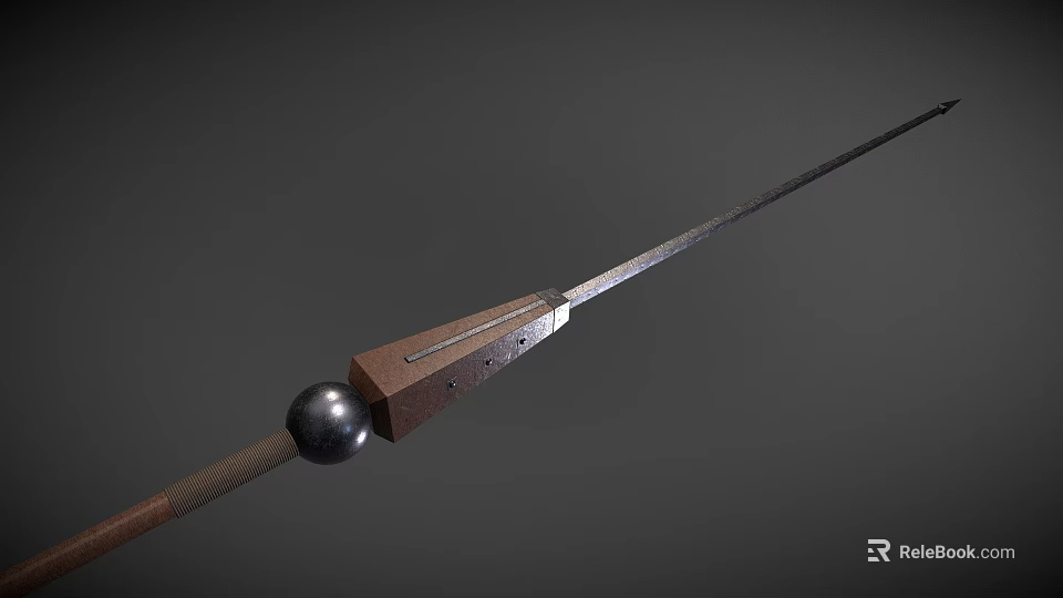 Traditional Long Shaft Weapon with Wooden Handle Metal Sphere and Brown Connector for Historical 3d model 