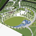 Modern Garden Landscape Featuring Green Lawn Curved Pathways Circular Structure And Surrounding Trees
