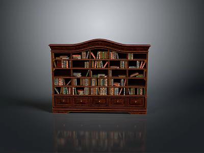 Classic Wooden Bookshelf With Multiple Shelves Filled With Books And Drawers 3d model