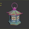 Traditional Copper Lantern With Green Patina Handle Ring Hexagonal Shape And Decorative Patterns