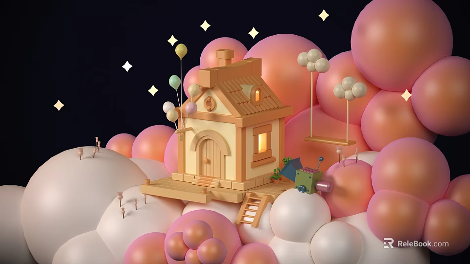 Commercial Equipment Mini Hand Cart With Pink White Balloons Stars And Wooden Cabin Decorative Scene 3d model 