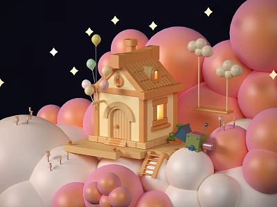Commercial Equipment Mini Hand Cart With Pink White Balloons Stars And Wooden Cabin Decorative Scene 3d model