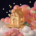 Commercial Equipment Mini Hand Cart With Pink White Balloons Stars And Wooden Cabin Decorative Scene