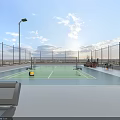 Rooftop Tennis Court With Green Surface White Lines Fencing Street Lamp And Yellow Ball