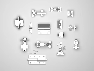 Assorted Hardware Accessories Featuring Hinges Latches Slides And Fasteners For Furniture Applications 3d model