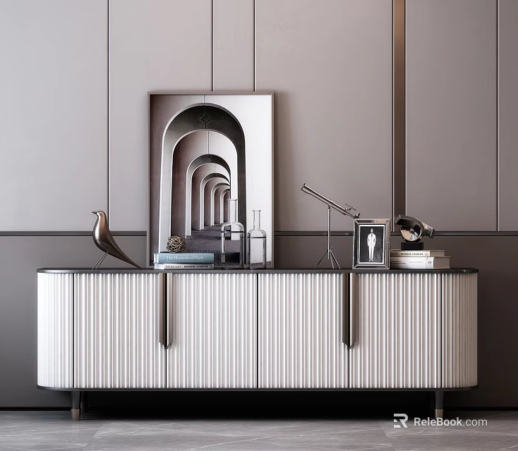Modern White Vertical Striped TV Stand with Metal Legs Bird Ornament Decorative Mirror and Books 3d model 
