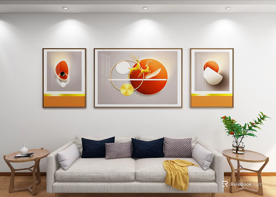 Abstract Paintings on Living Room Wall with Colorful Circular Shapes and Modern Decor 3d model 