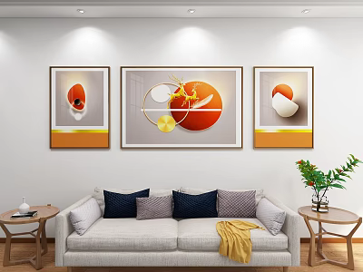 Abstract Paintings on Living Room Wall with Colorful Circular Shapes and Modern Decor 3d model