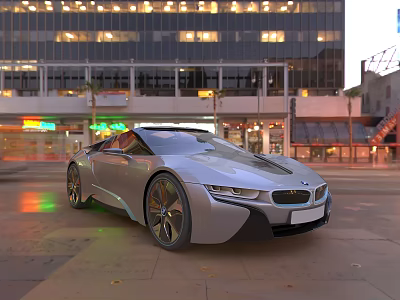 Silver BMW Concept Car With Sleek Design In Urban Night City Scene 3d model