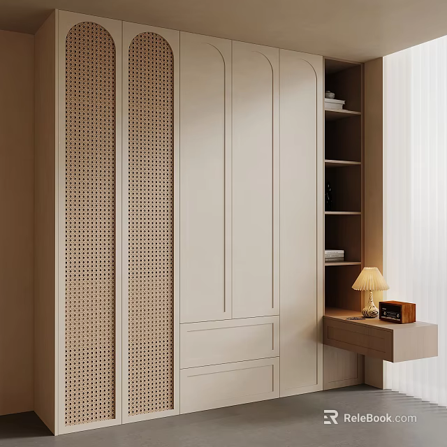 Elegant Modern Wardrobe Design With Perforated Panels Drawers And Open Shelves 3d model 