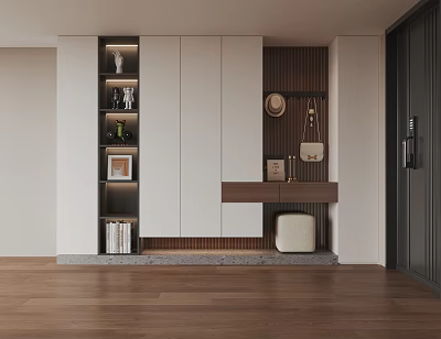 Modern Minimalist Study Room Interior With White Cabinets Wooden Bookshelves And Decorative Items 3d model