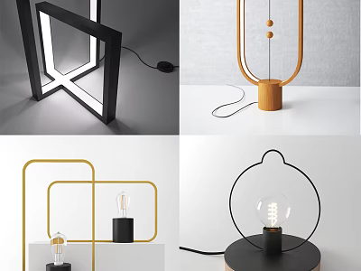 Modern Geometric Table Lamp With Metal Frame And Wooden Base Design 3d model