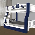 Blue And White Bunk Bed With Ladder Storage Drawers And Decorative Badge