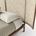 Modern Double Bed Design With Woven Headboard Wooden Frame And Geometric Pattern Bedding 3d model