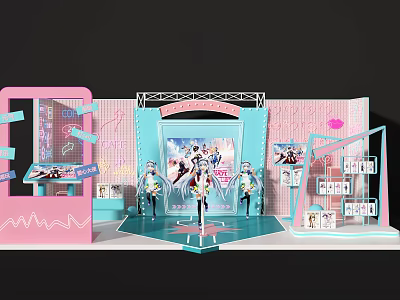 Vibrant Pink Blue Exhibition Booth With Stage Character Standee And Screens 3d model
