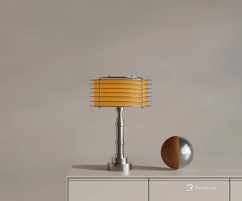 Table Lamp with Yellow Lampshade and Silver Base on White Cabinet with Brown Silver Sphere 3d model 