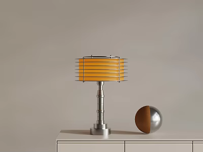 Table Lamp with Yellow Lampshade and Silver Base on White Cabinet with Brown Silver Sphere 3d model