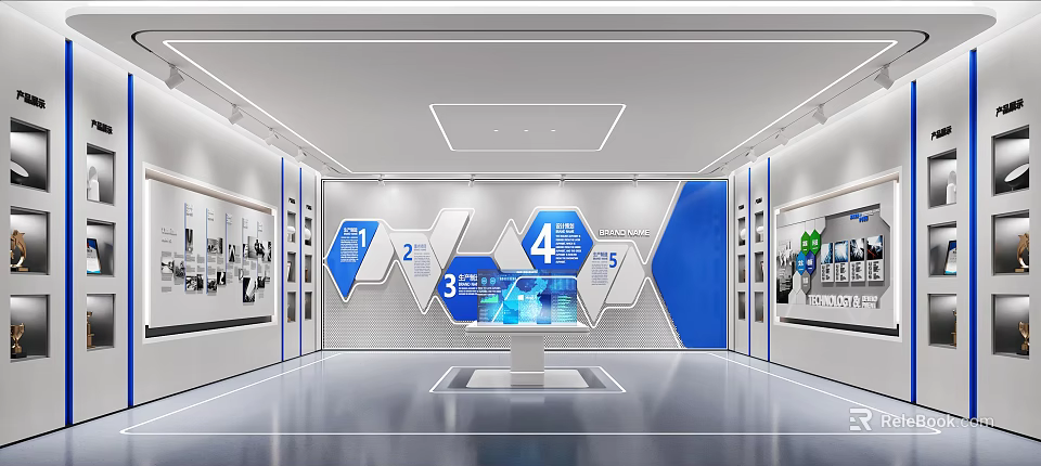 Contemporary Exhibition Hall With Geometric Wall Digital Numbers 2 3 4 5 And Display Podium 3d model 