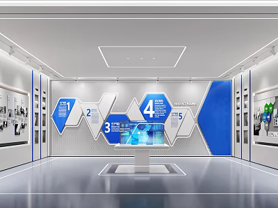Contemporary Exhibition Hall With Geometric Wall Digital Numbers 2 3 4 5 And Display Podium 3d model
