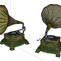 Vintage Gramophone Audio Equipment With Decorative Horns And Green Bases