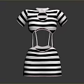 Stylish Black And White Striped Short Sleeves Dress With Cut Out Waist Design