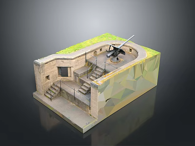 Ancient Stone Fortress Scenery With Green Grassy Top Circular Artillery Platform And Stone Stairs 3d model