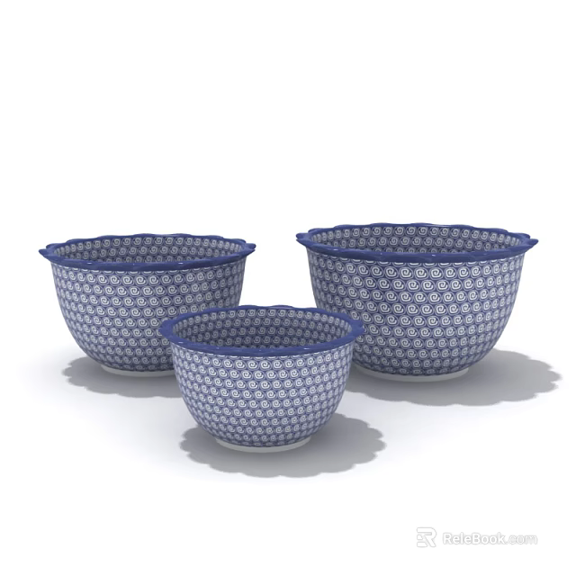 Three Piece Dinnerware Set with Blue White Floral Pattern and Scalloped Edge Ceramic Bowls 3d model