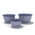 Three Piece Dinnerware Set with Blue White Floral Pattern and Scalloped Edge Ceramic Bowls 3d model