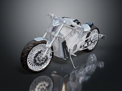 Modern Transparent Motorcycle Design Featuring Sleek Silver Frame Large Wheels And Reflective Surface 3d model
