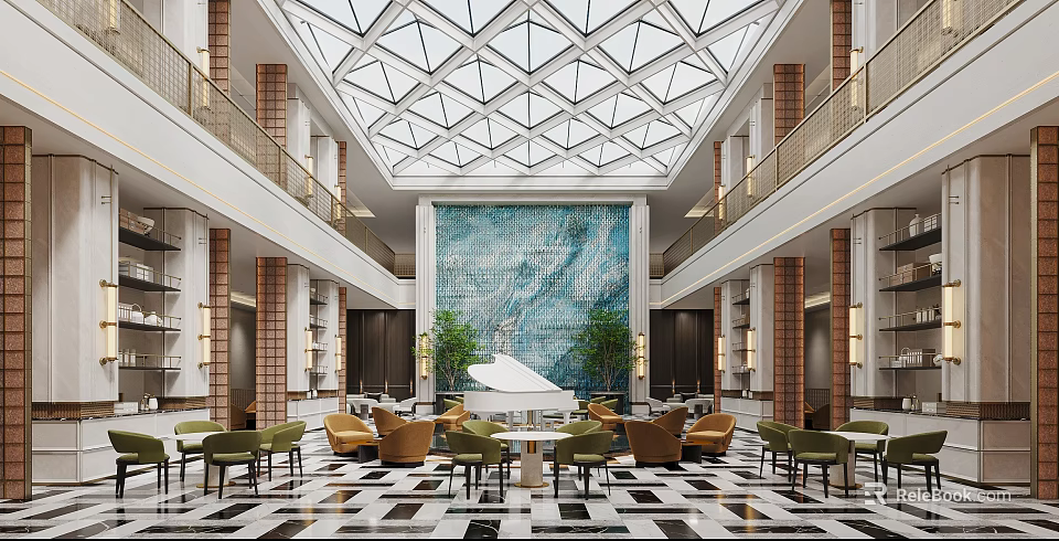 Hotel Lobby Interior With Geometric Ceiling Large Mosaic Wall Comfortable Seating And Green Plants 3d model 