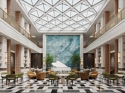 Hotel Lobby Interior With Geometric Ceiling Large Mosaic Wall Comfortable Seating And Green Plants 3d model