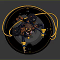 Futuristic Game Movie Character In Armored Suit Holding Weapon With Yellow Cables And Circular Base