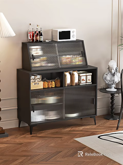 Modern Black Sideboard With Mesh Doors Storage Boxes Jars And Food Items 3d model 