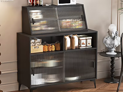 Modern Black Sideboard With Mesh Doors Storage Boxes Jars And Food Items 3d model