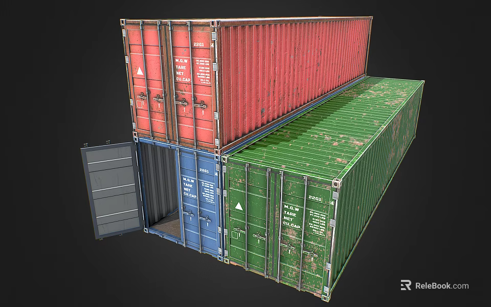 Colorful Shipping Containers Stacked With Open Blue Door Red And Green Panels 3d model 