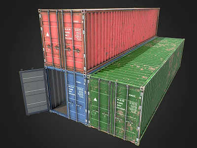 Colorful Shipping Containers Stacked With Open Blue Door Red And Green Panels 3d model