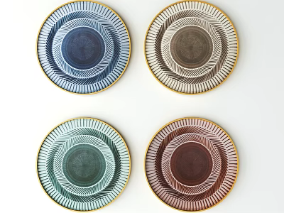Four Colored Decorative Wall Plates With Gold Rim And Geometric Patterns On White Background 3d model