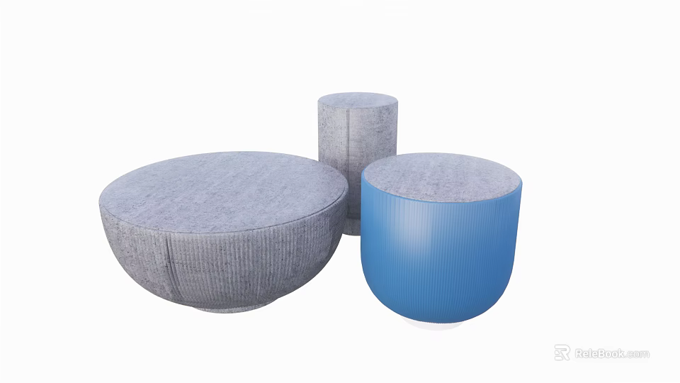 Round Gray And Blue Textured Upholstered Ottomans For Modern Living Room 3d model 